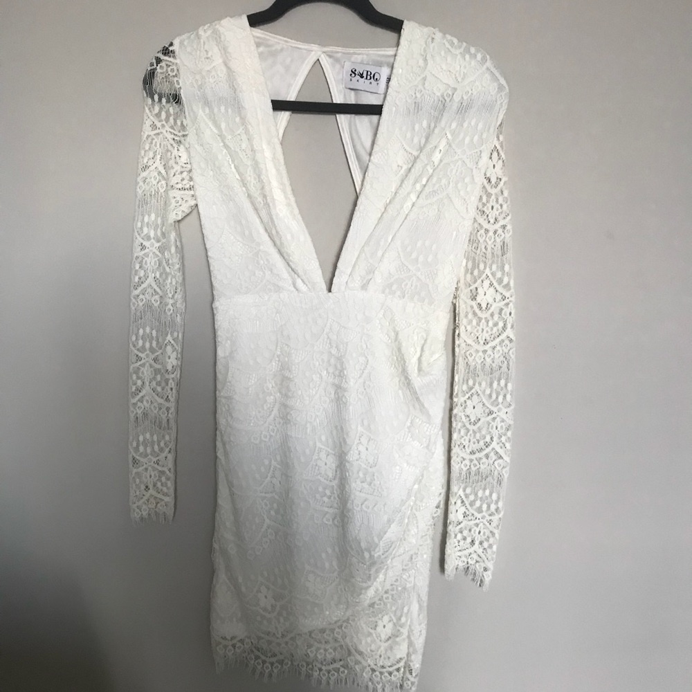 Long sleeve white lace mini dress